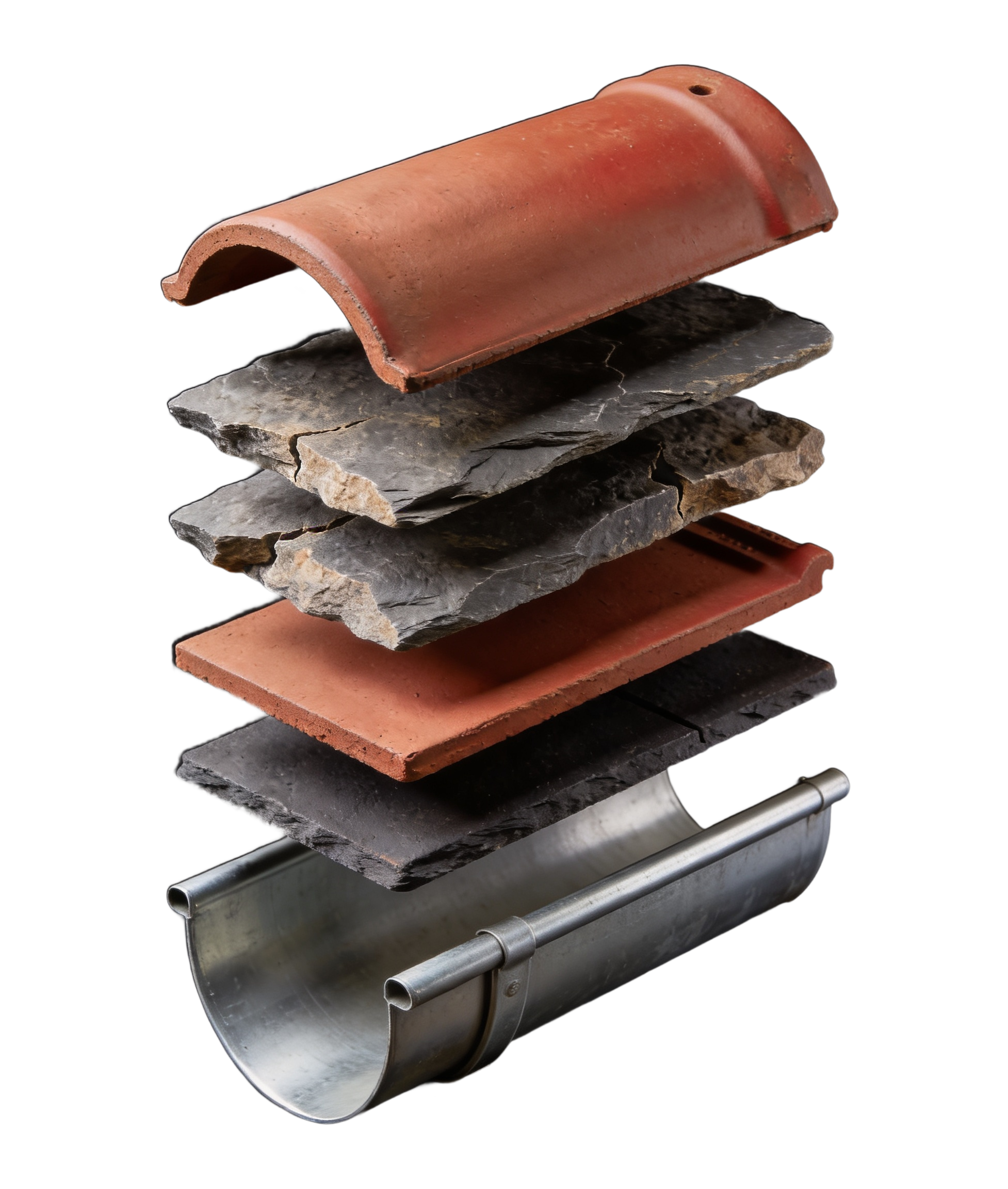 Freigestellte Dachmaterialien: Schiefer, Tonziegel und Zink